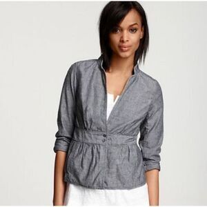 NWT Eileen Fisher Chambray Blue Gray Peplum Stand Collar Jacket Size Medium